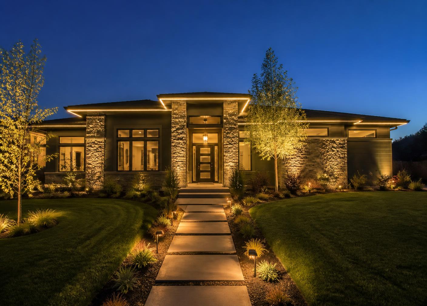Home after professional landscape lighting